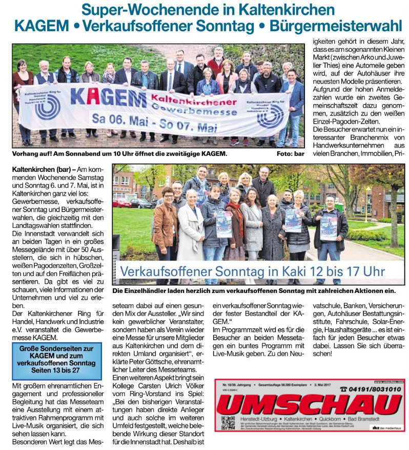 Die KAGEM 2017 strtet morgen um 9.09 auf dem Marktplatz in Kaltenkirchen. Hier ein Bericht aus der Umschau