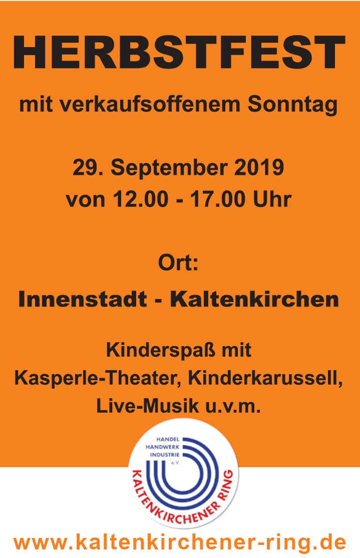 Herbstfest mit verkaufsoffenem Sonntag am 29. Sept. von 12.00 uhr bis 17.00 Uhr in der Innenstadt von Kaltenkirchen